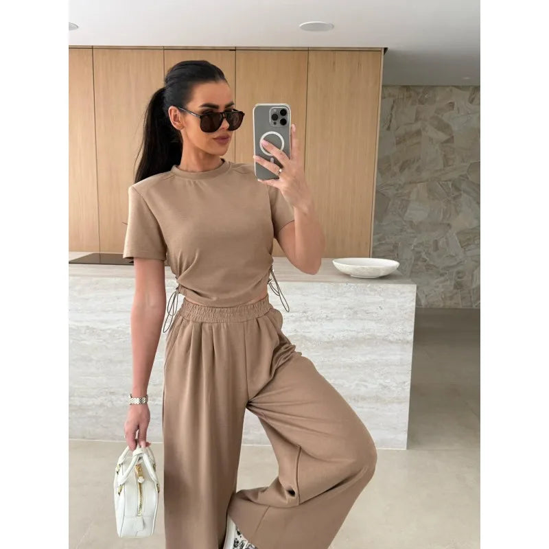 Women Casual Sport 2 Piece Sets Outfits Drawstring Short-sleeved T-shirt+ Solid Loose Straight Trousers Suit