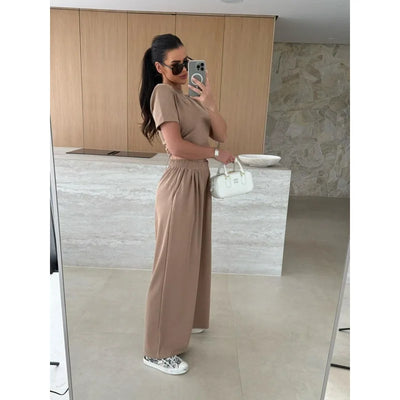 Women Casual Sport 2 Piece Sets Outfits Drawstring Short-sleeved T-shirt+ Solid Loose Straight Trousers Suit