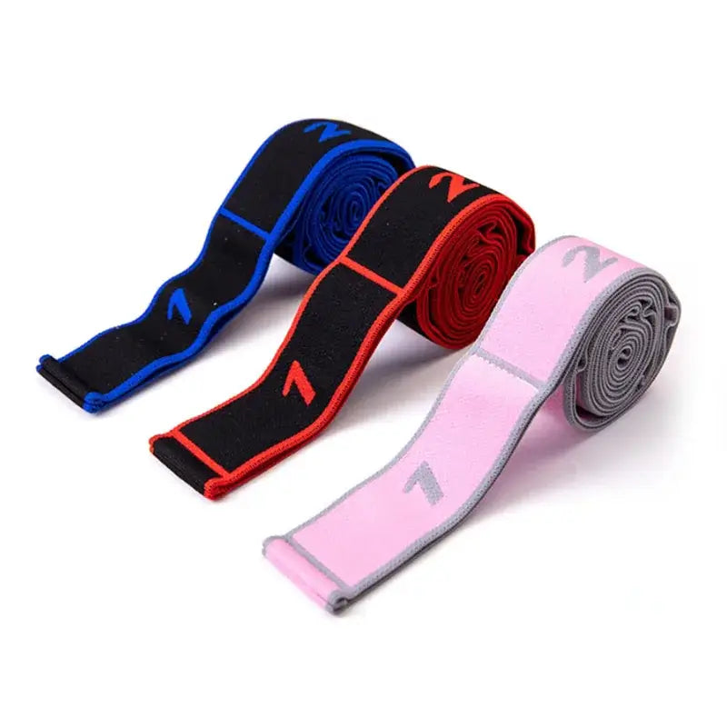 GearKulture Pull Strap Belt in blue, red, and pink, designed for dance and fitness training flexibility.
