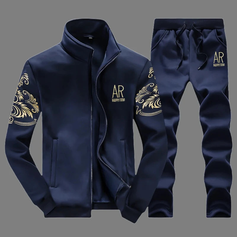 Men's Casual Sportswear Sets Spring Autumn Stand Collar Embroidery Jacket + Elastic Waist Pants Set Men Two-piece Tracksuit Sets