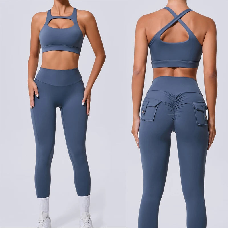 New Yoga Set Women Tracksuit Workout Pocket Legging Athletic Suit Gym Push Up Legging Fitness Bra Sports Wear Active Wear