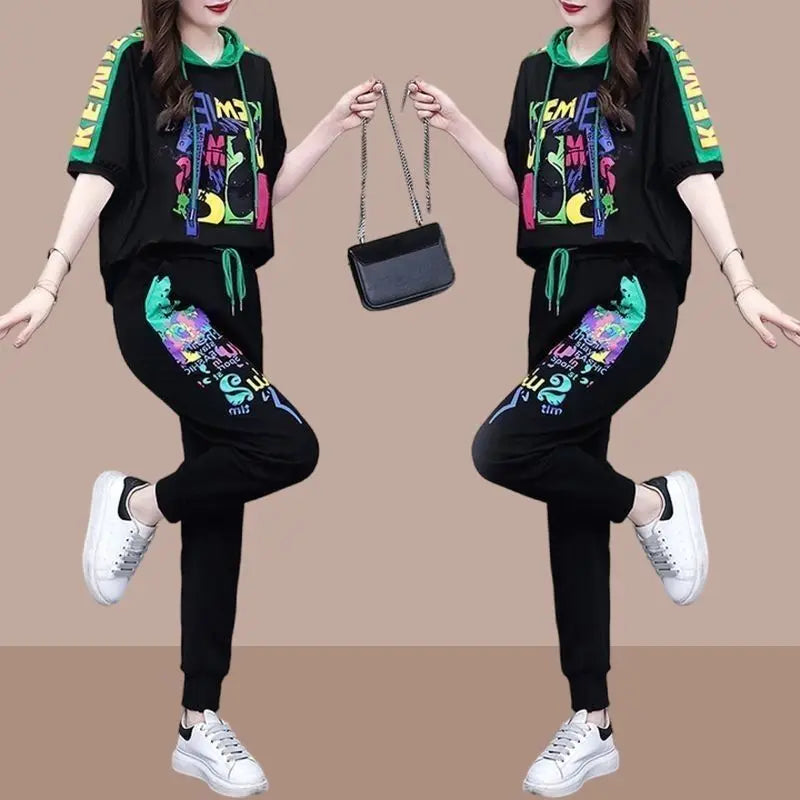 Leisure sportswear set for women's 2025 summer new fashionable versatile hooded sweater high waisted Harlan pants two-piece set