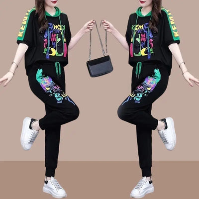 Leisure sportswear set for women's 2025 summer new fashionable versatile hooded sweater high waisted Harlan pants two-piece set