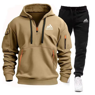 Men's set 2025 New sporty and casual jogging set, outdoor hoodie + black sport pants 2-piece fashionable sportswear
