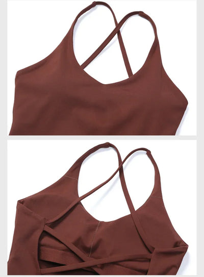 Women's Nude Yoga Wear Sexy Crossover Back Top Detachable Chest Pads Breathable Quick-drying for Athletic Fitness Running Gym