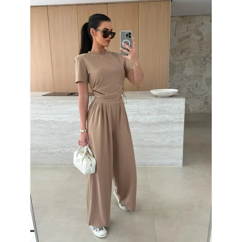 Women Casual Sport 2 Piece Sets Outfits Drawstring Short-sleeved T-shirt+ Solid Loose Straight Trousers Suit