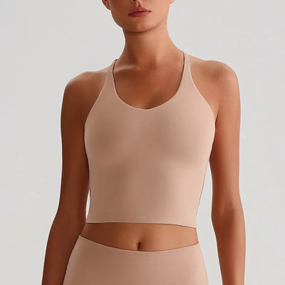 Women's Nude Yoga Wear Sexy Crossover Back Top Detachable Chest Pads Breathable Quick-drying for Athletic Fitness Running Gym